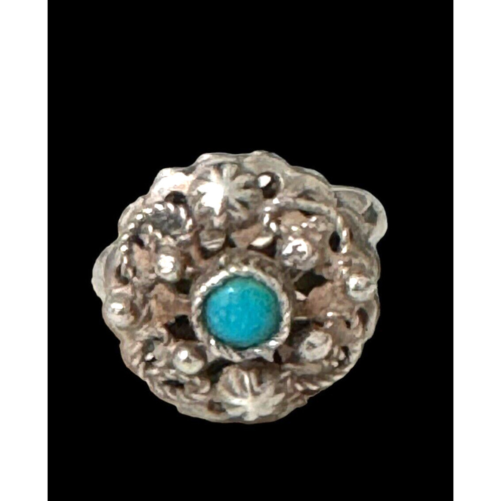 Antique Mexican Sterling Silver Filigree Flower Ring Turquoise Stone Sz 7.75
